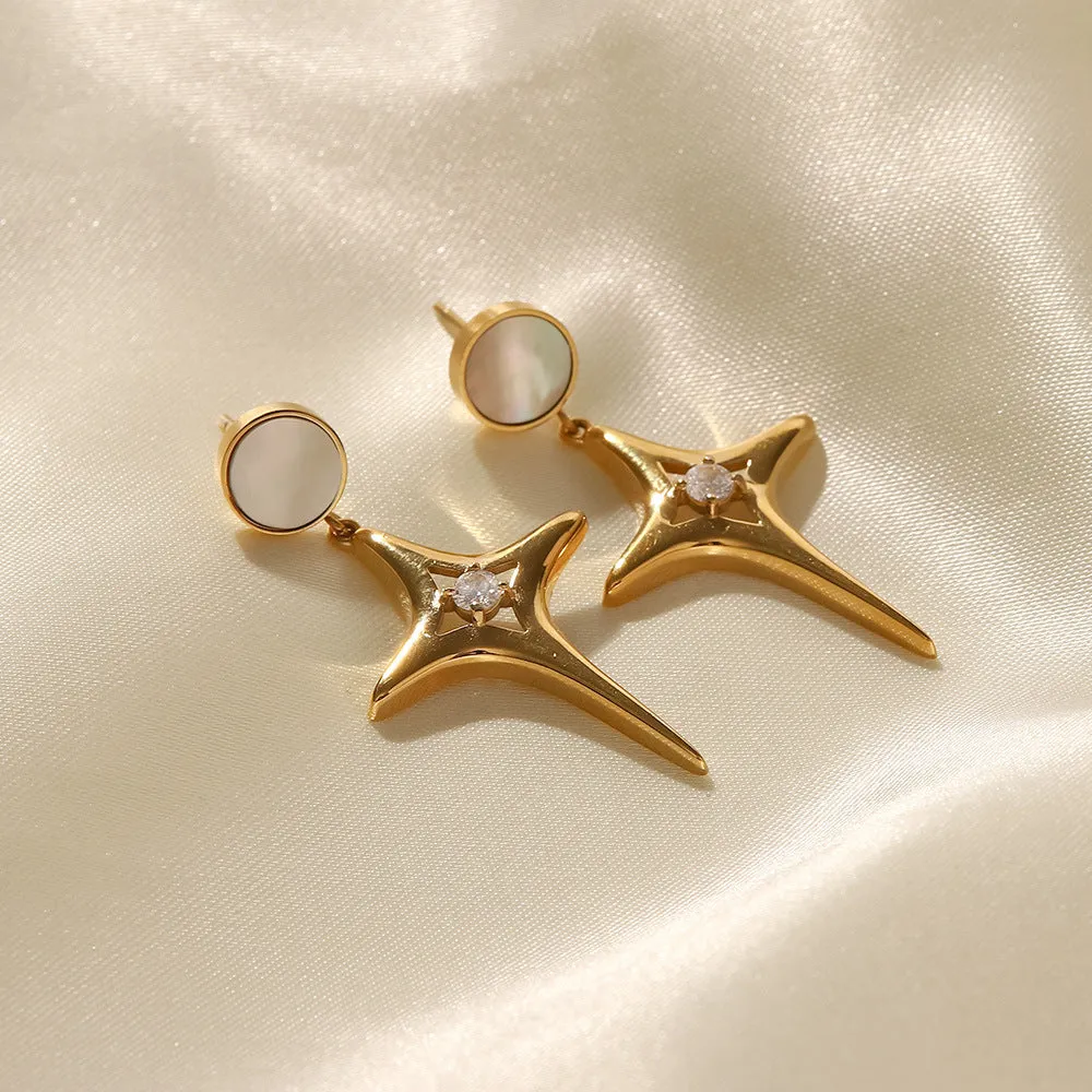 18K Gold Plated Zircon Star Openwork Shell Cross Drop Earrings