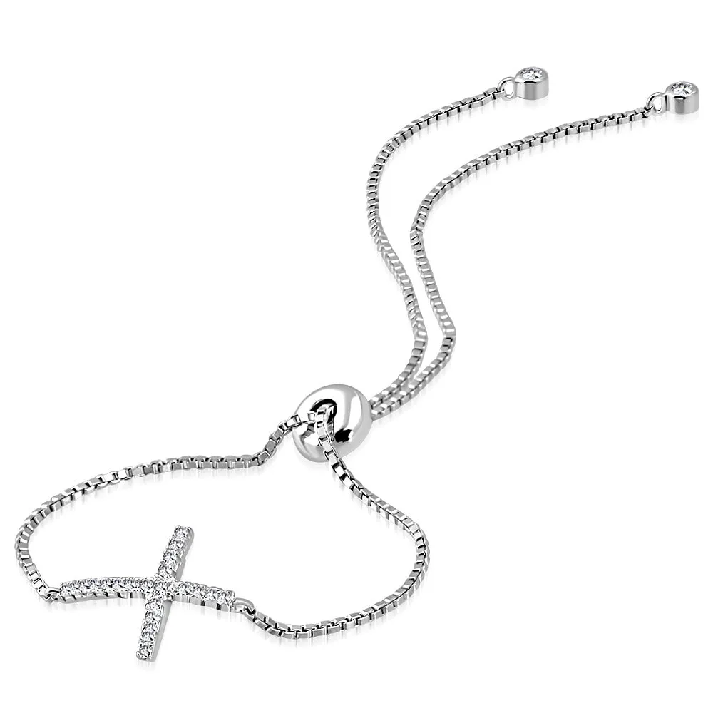 925 Sterling Silver Clear CZ Religious Cross Adjustable Chain Bracelet