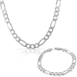 925 Sterling Silver Mens Classic Figaro Link Chain Necklace Bracelet Set - Made in Italy