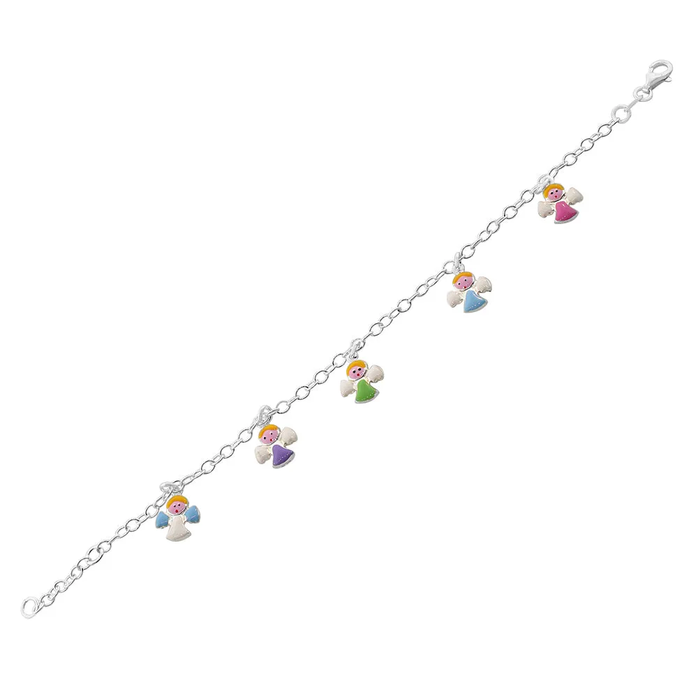 925 Sterling Silver Multicolor Enamel Angels Womens Girls Link Chain Bracelet