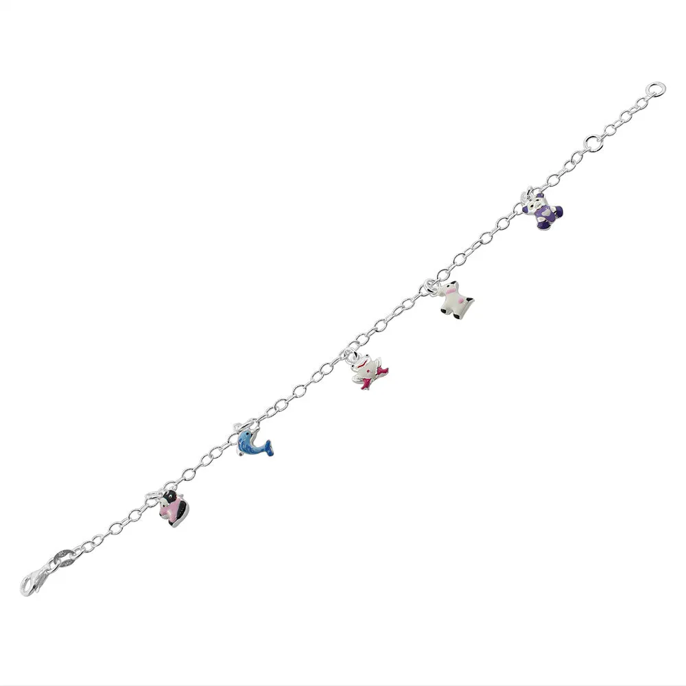 925 Sterling Silver Multicolor Enamel Animals Womens Girls Link Chain Bracelet