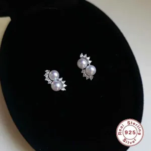 925 Sterling Silver Stud Earrings Charm Jewelry - Pearl Zircon - Xm382