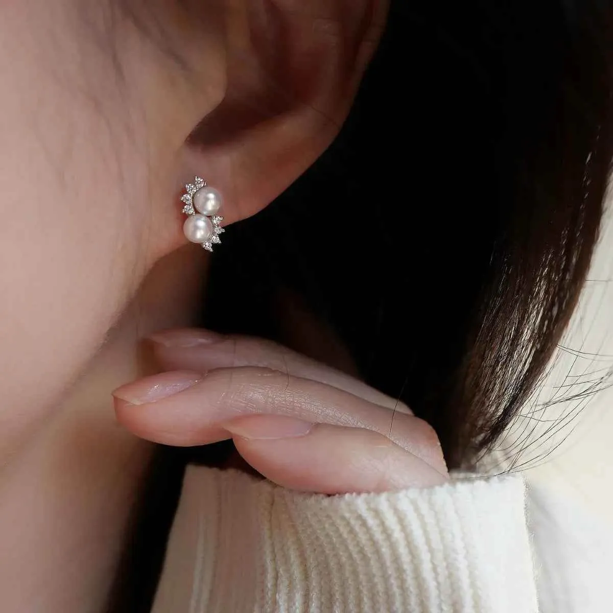925 Sterling Silver Stud Earrings Charm Jewelry - Pearl Zircon - Xm382