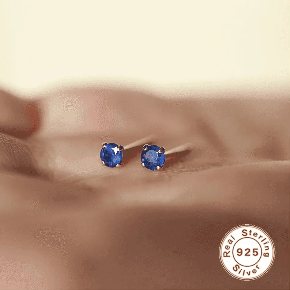 925 Sterling Silver Stud Earrings Charm Jewelry - Tiny Blue Zircon - Xm364