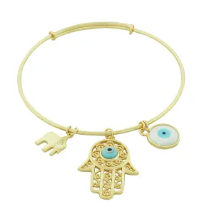 925 Sterling Silver Yellow Gold-Tone Hamsa Evil Eye Elephant Charm Bangle Bracelet