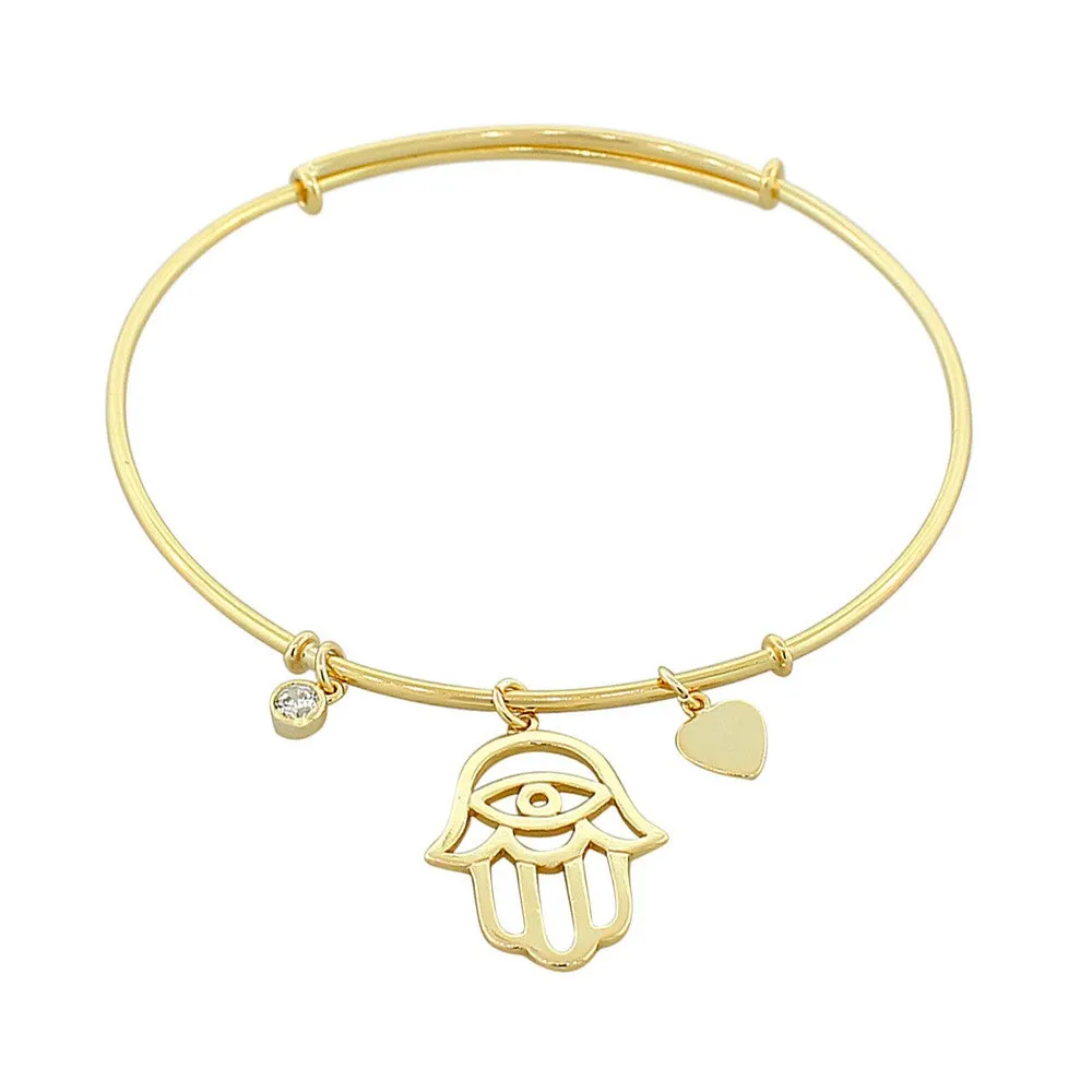 925 Sterling Silver Yellow Gold-Tone Hamsa Evil Eye Love Heart Bangle Bracelet