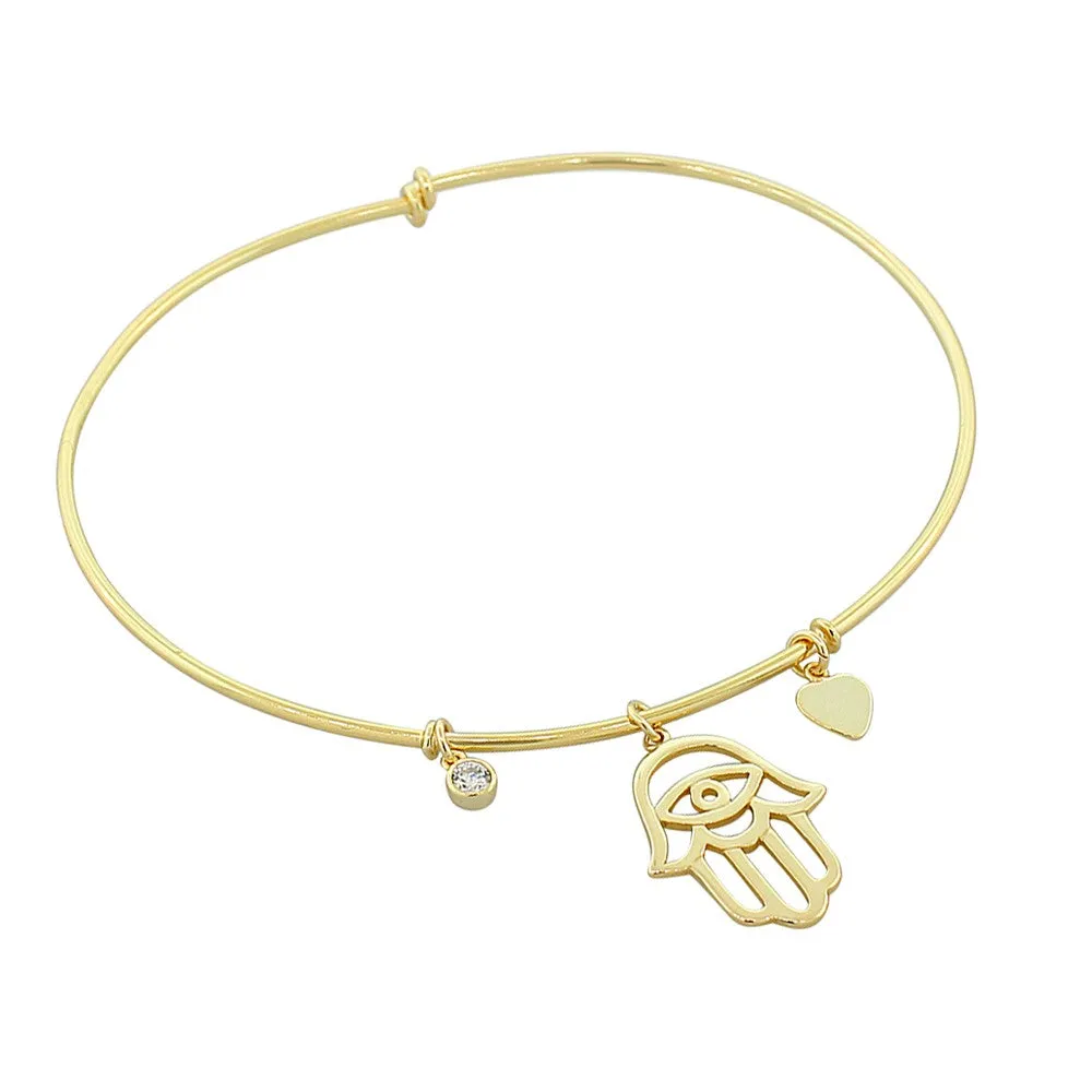 925 Sterling Silver Yellow Gold-Tone Hamsa Evil Eye Love Heart Bangle Bracelet