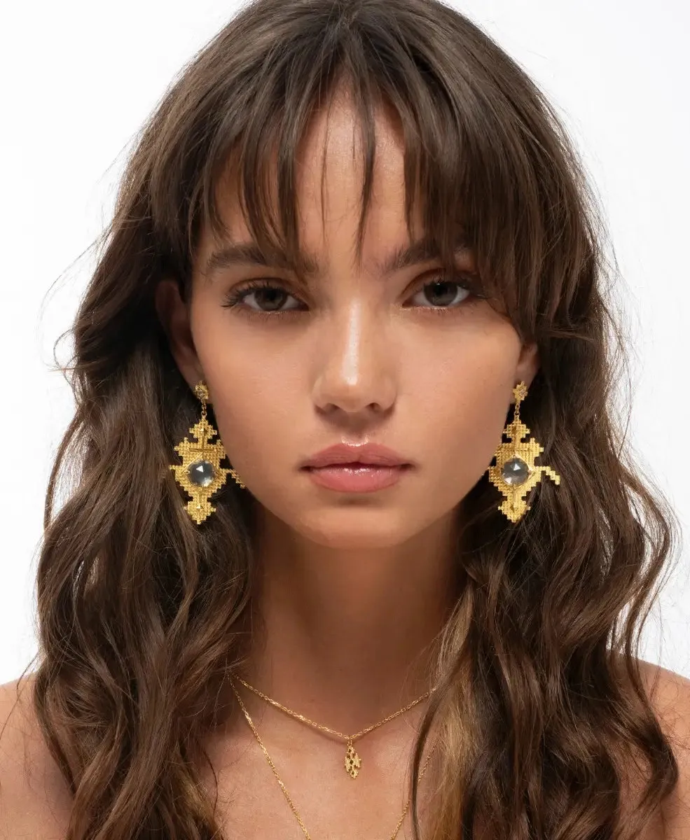 Apu Earrings | 22k Gold Plate | Green Amethyst & White Zircon