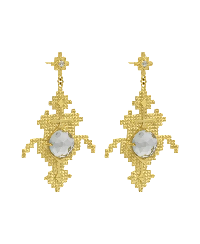 Apu Earrings | 22k Gold Plate | Green Amethyst & White Zircon