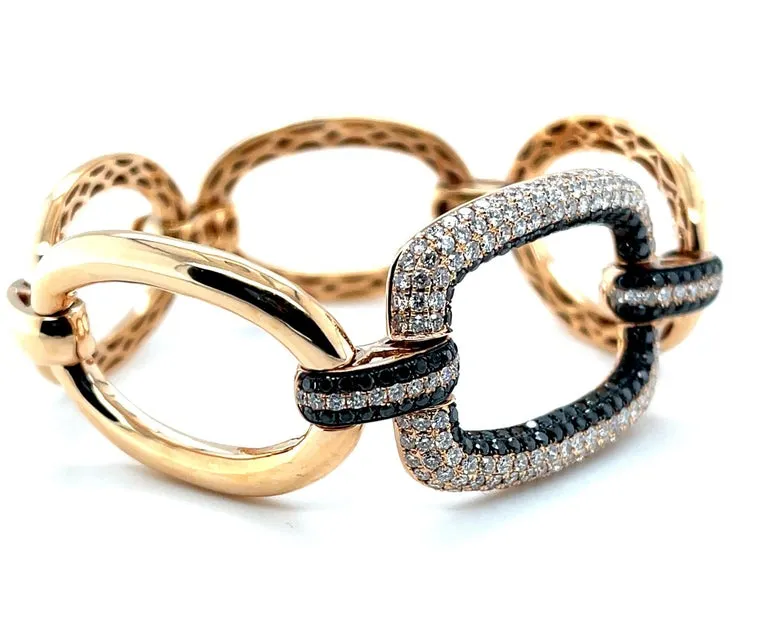 Black and White Diamond Pave, Rose Gold Link Bracelet, 3.52 Carat Total