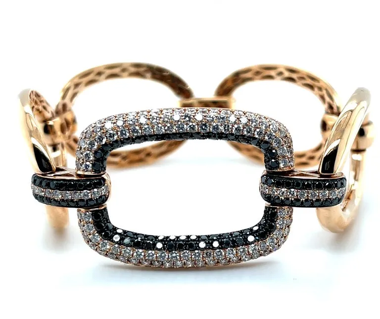 Black and White Diamond Pave, Rose Gold Link Bracelet, 3.52 Carat Total