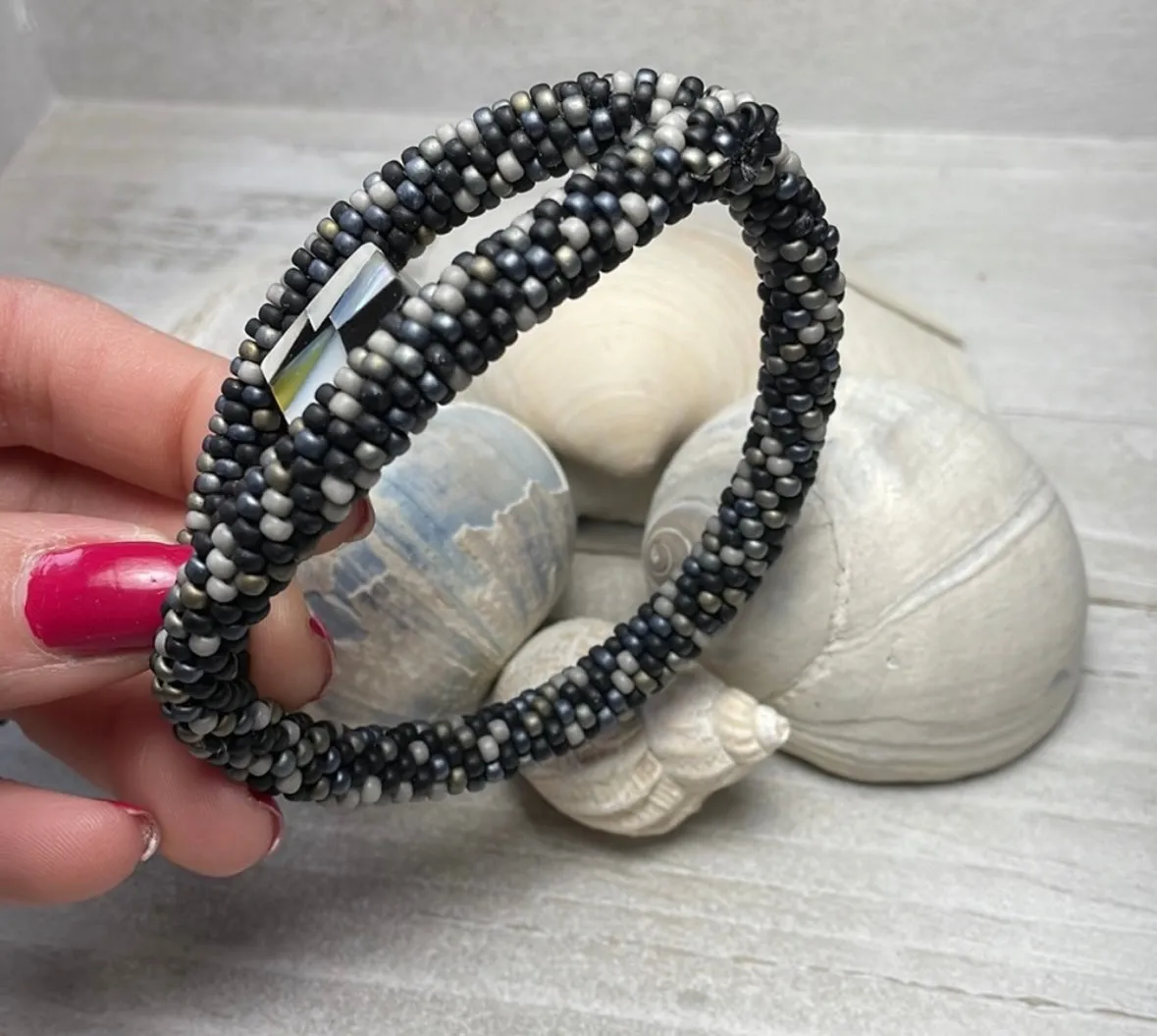 Black eye crocheted bangle bracelet