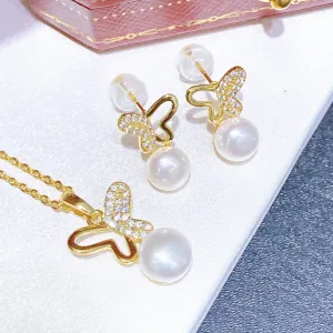 Butterfly hollow design real pearl jewelry set