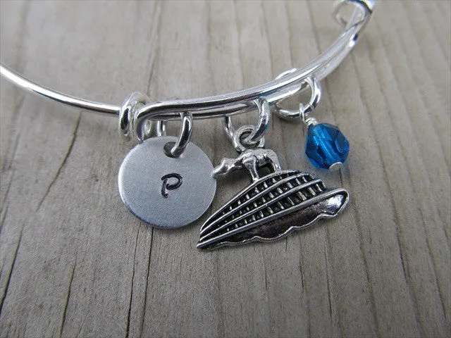 Cruise Ship Charm Bracelet- Adjustable Bangle Bracelet with an Initial Charm and an Accent Bead of your choice