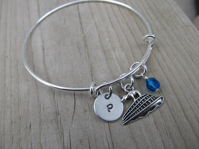 Cruise Ship Charm Bracelet- Adjustable Bangle Bracelet with an Initial Charm and an Accent Bead of your choice