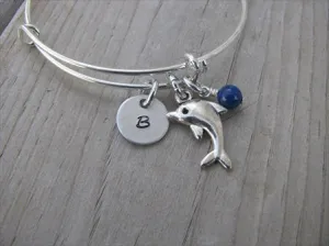 Dolphin Charm Bracelet -Adjustable Bangle Bracelet with an Initial Charm and an Accent Bead of your choice