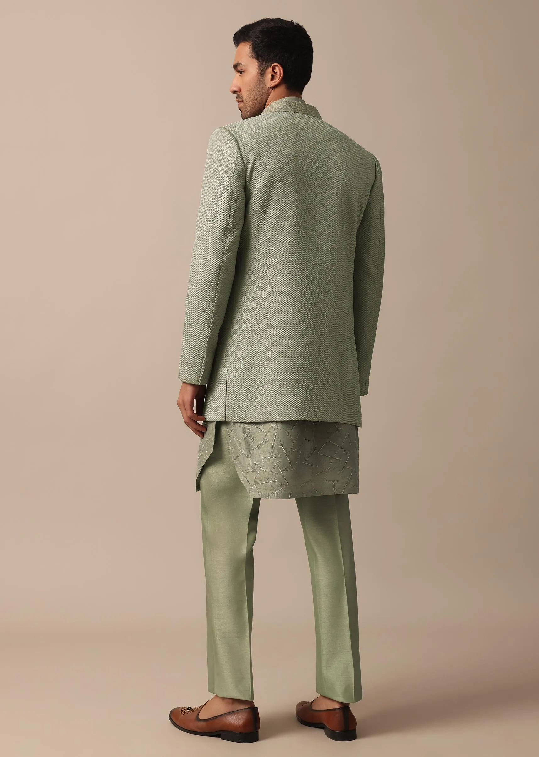 Elegant Green Indowestern Set Featuring Striking Self Work
