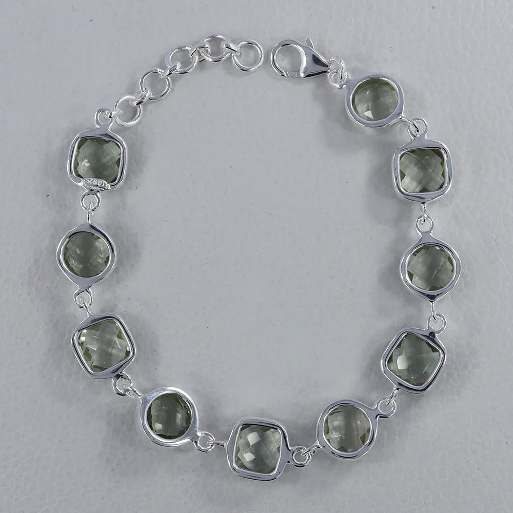 Green Amethyst Checker Cut Bracelet in Sterling Silver