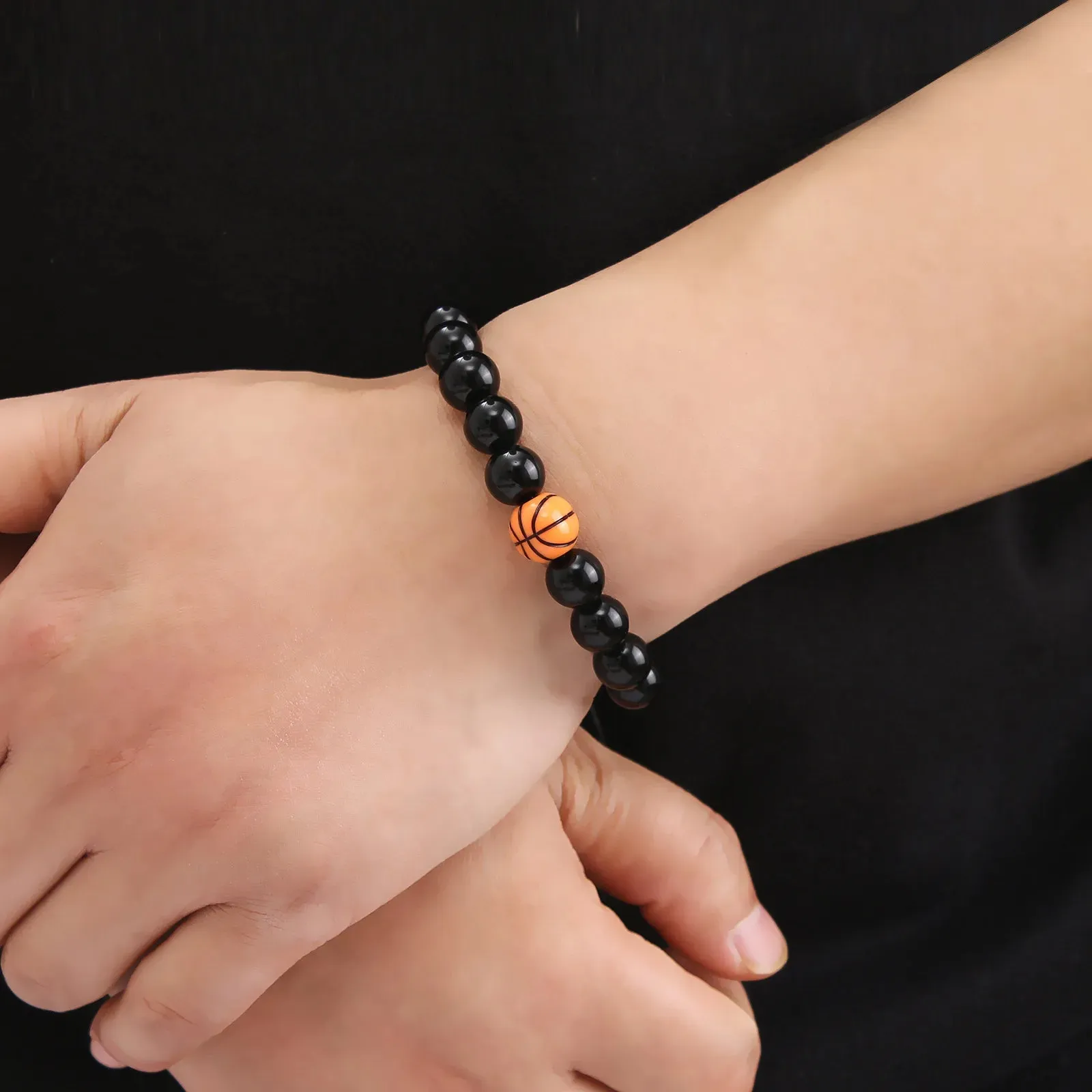 KADRUFI Black Beaded Bracelet for Men Round Basketball Ball Beads Bracelets Elastic Rope Chain Jewelry Gift 2023 pulsera hombre