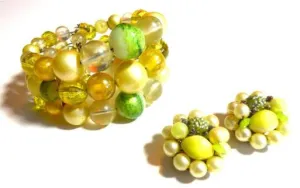 Lemon and Lime Beaded Wire Bracelet & Clip Earrings Circa 1960s