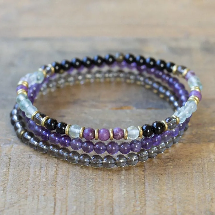 "Protection and Good Energy" Black Tourmaline Smoky Quartz and Amethyst Delicate Bracelet Stack