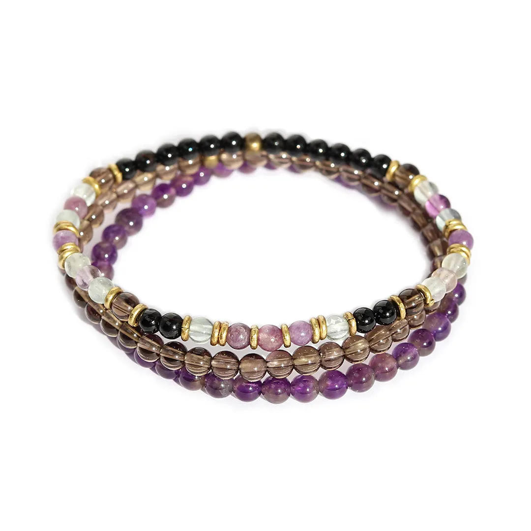 "Protection and Good Energy" Black Tourmaline Smoky Quartz and Amethyst Delicate Bracelet Stack
