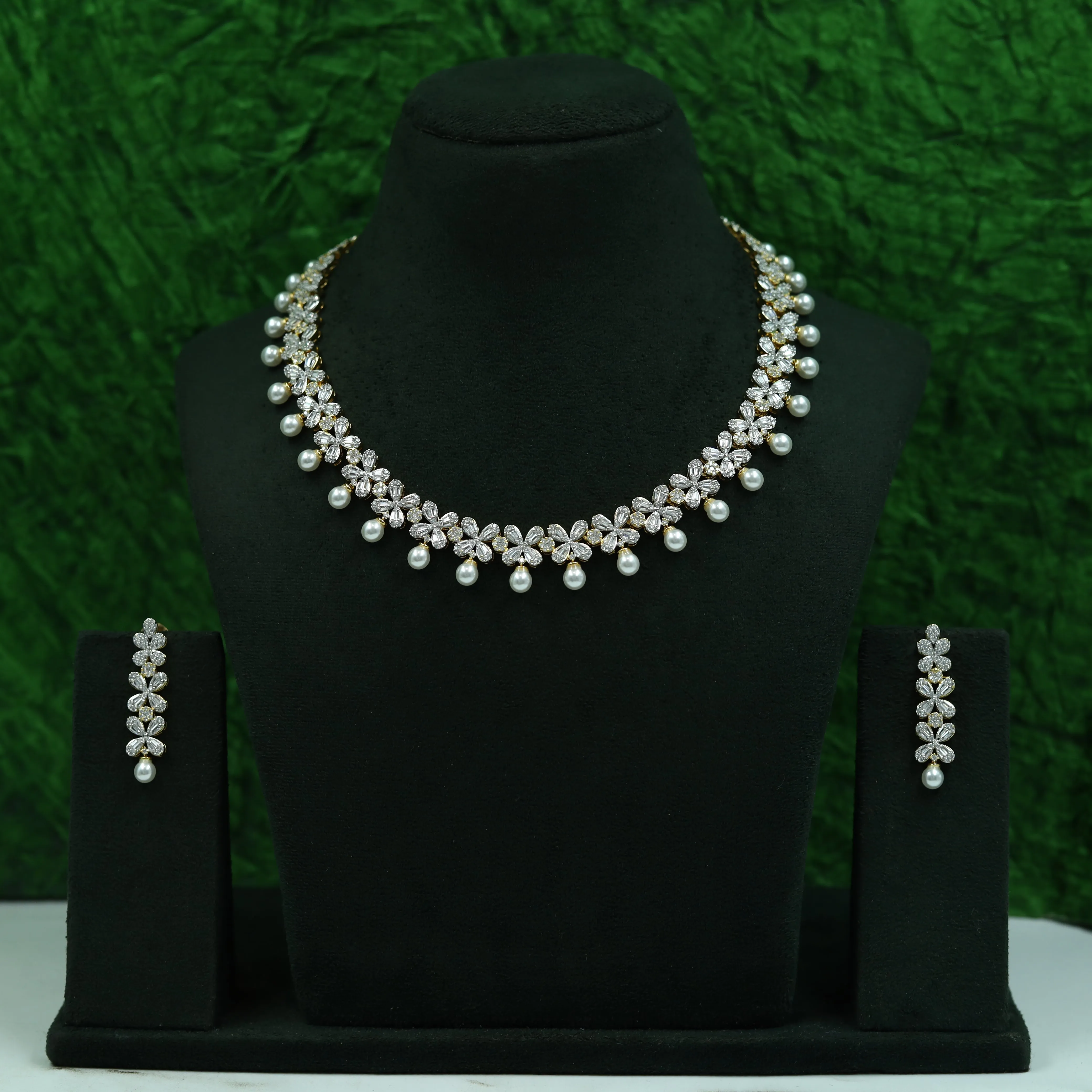 Round Neck Pearl Zircon/AD Necklace Set 16593-31