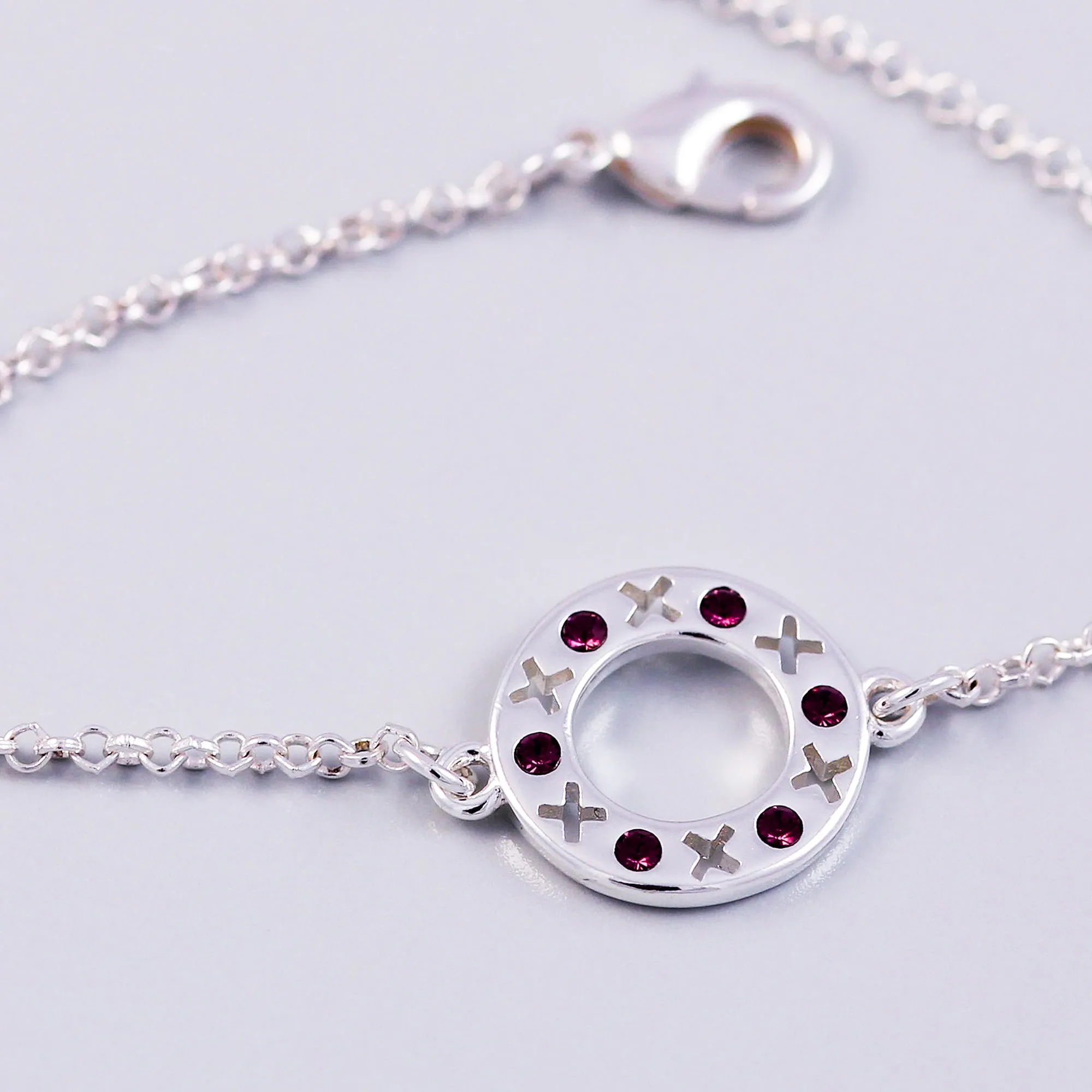 Silver Amethyst February Birthstone XOXO Circle Bracelet