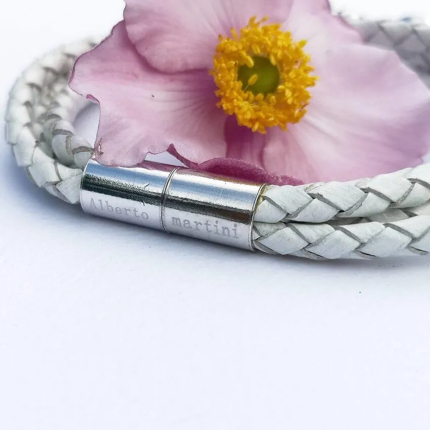 White Leather Bracelet Silver 925 and Gems