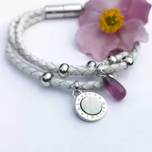 White Leather Bracelet Silver 925 and Gems